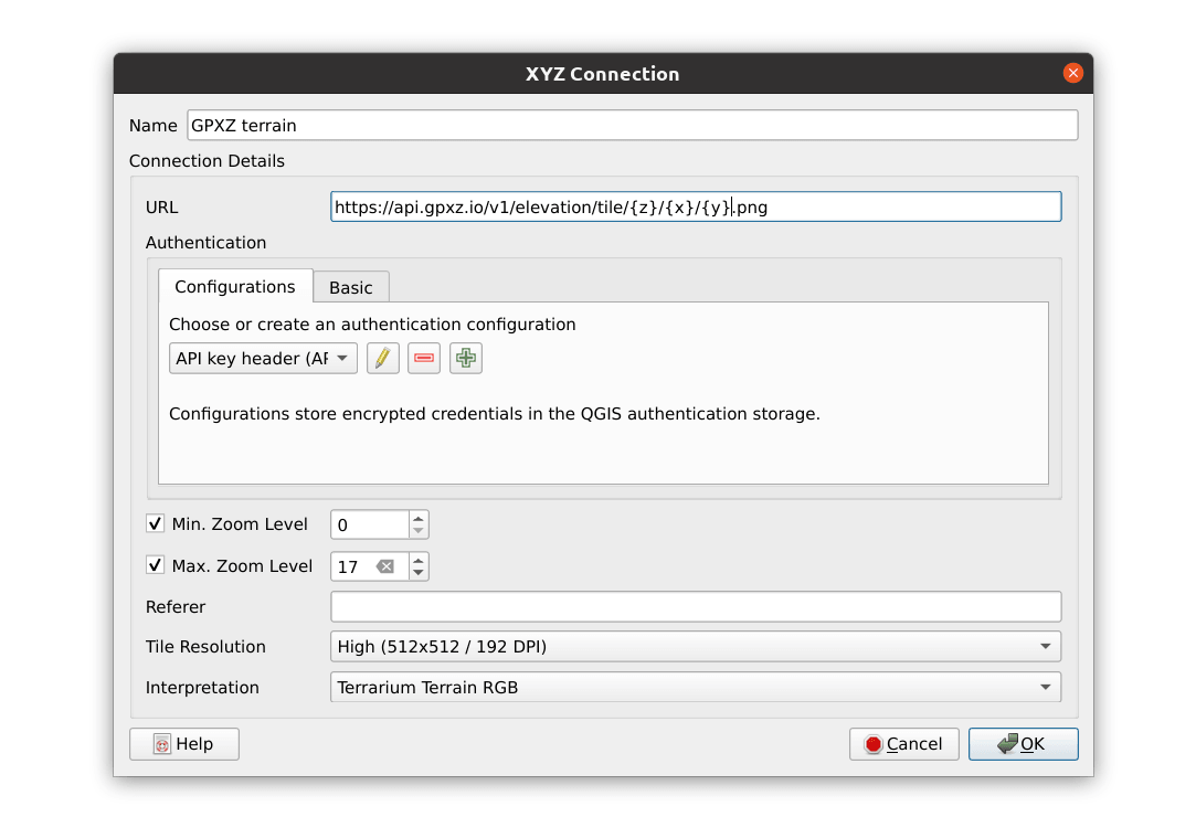 QGIS config for GPXZ terrain tiles